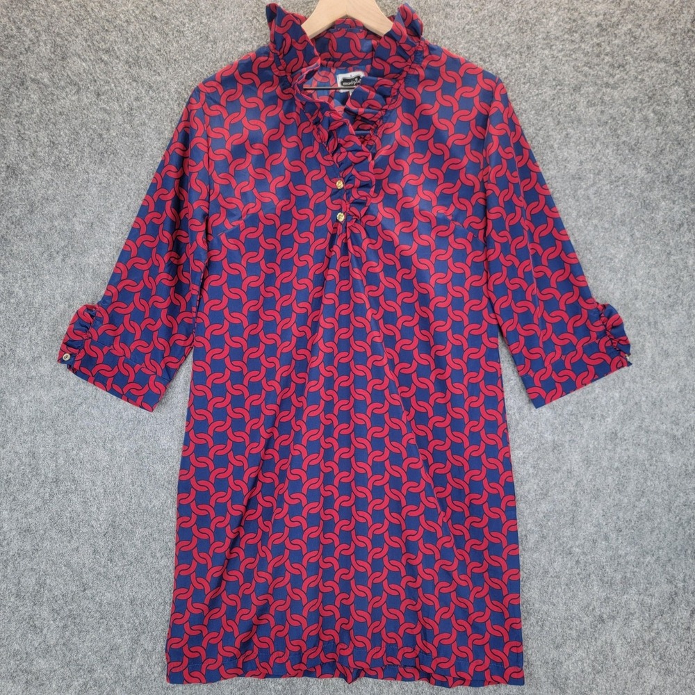 Mud Pie Dress Womens M Blue Red Chain Link Ruffle Collar 3/4 Sleeve Preppy‎